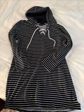 Tommy Hilfiger stripped  Hooded Tunic Dress with Lace-Up Neck